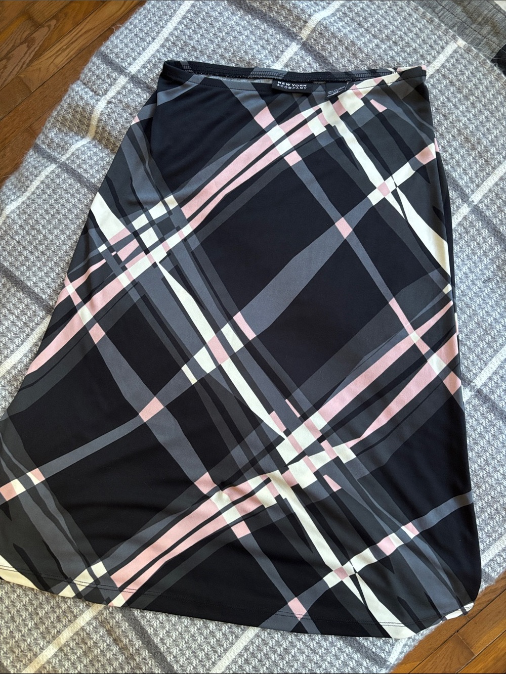 New York & Company Black Plaid Midi Skirt with Pink and White Stripes